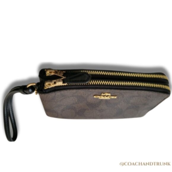 NWT COACH DOUBLE Corner Zip Wristlet In Signature "C" Dark Brown Gold Accents - Picture 13 of 14
